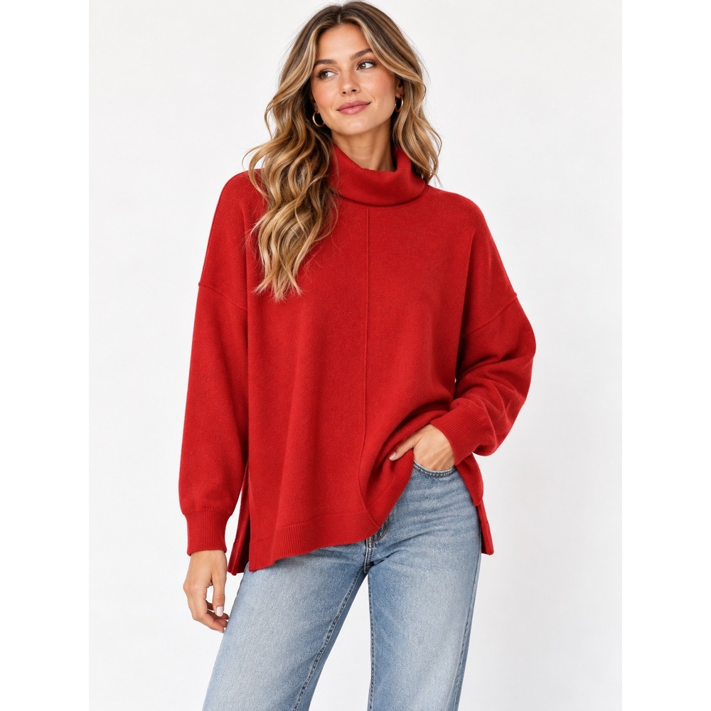 Eileen Fisher Red Extra Fine Merino Wool Funnel Neck Boxy Sweater Large L/G